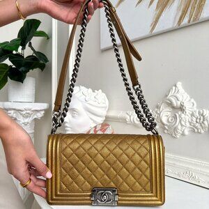 Authentic Chanel Boy Old Dark Gold Glitter Caviar Crossbody Bag 17469173 B0838